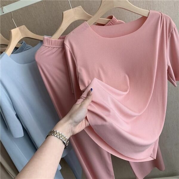 Women's Loose Ice Silk Short Sleeved Trousers Set - Image 2