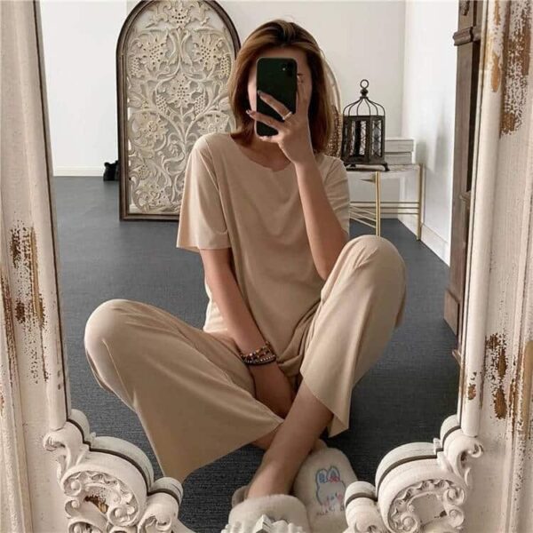 Women's Loose Ice Silk Short Sleeved Trousers Set